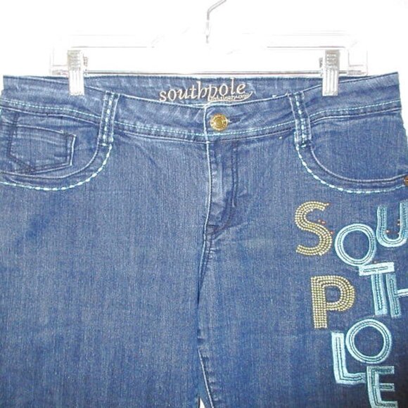 Southpole JEAN Shorts Size 16 LOGO Embroidered BERMUDA Denim STUDS Y2K 90s - Picture 2 of 8